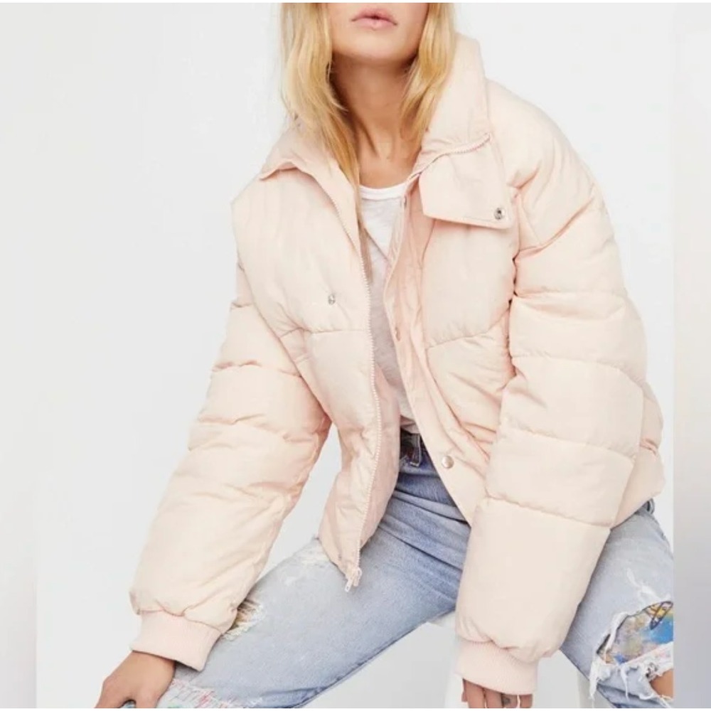 Free People Womens Cold Rush Puffer Jacket Sz XL Pale Pink Cinched Waist Coat